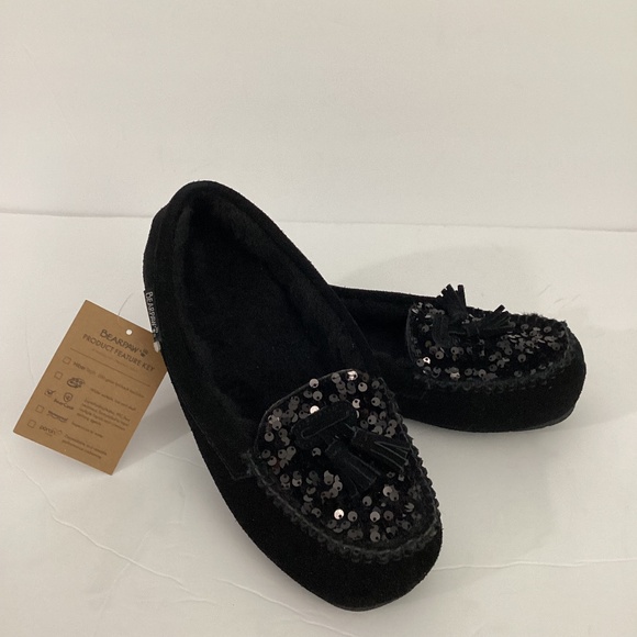 NWT BEARWEAR WOMAN SZ 10  BELINDA BLACK SUEDE MOCCASIN SEQUINS FRINGE TRIM WOOL - Picture 1 of 7